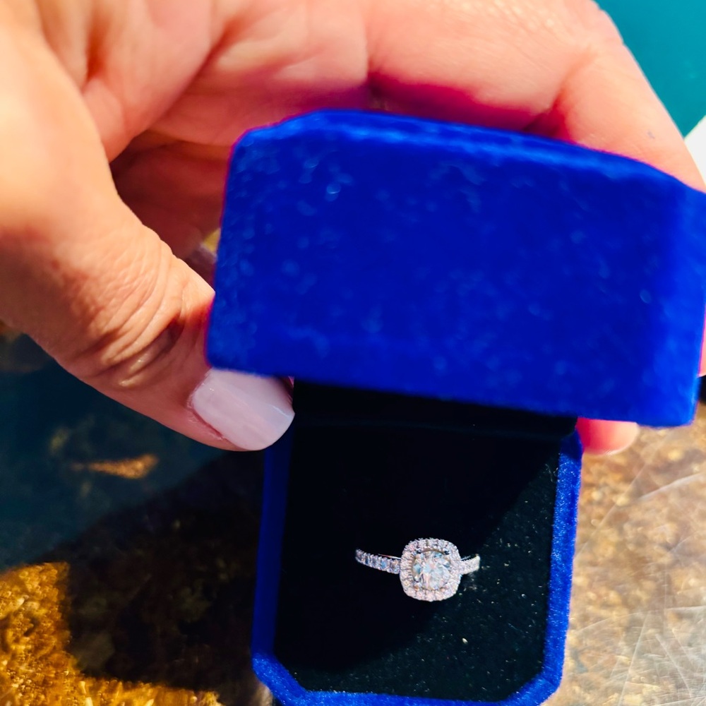 Sterling Silver Halo Diamond Ring in Blue Box - White